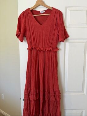Coral-Red V-Neck Tiered Midi Dress